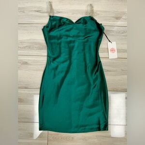 Crystal Sky silky Emerald Green sweetheart rhinestone strap mini dress, size S